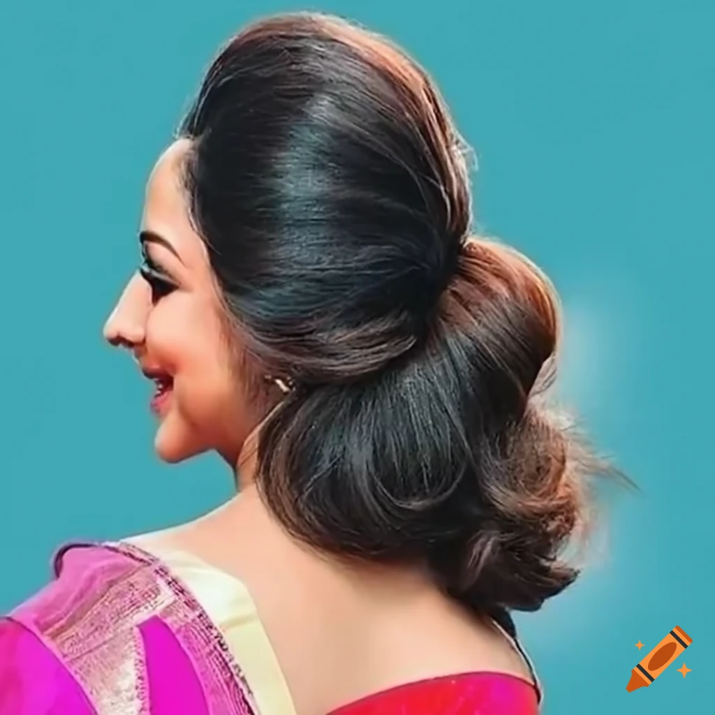 Messy bun hairstyle in focus of bollywood actress hema malini with a , side  view, beautiful bun,