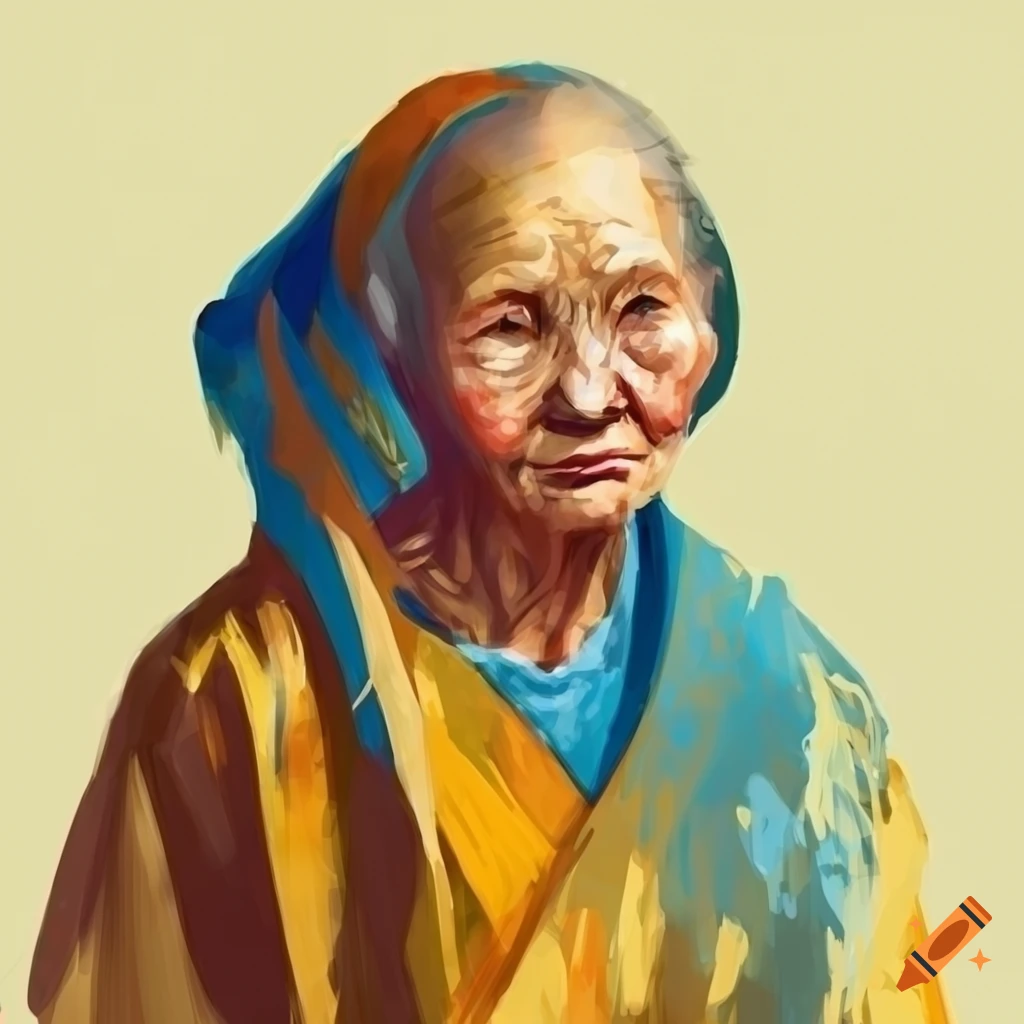 Concept art of an old monk woman wearing blue and gold robes