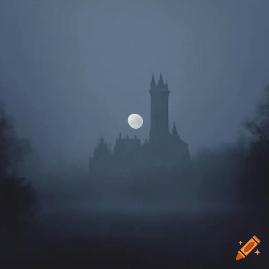 An eerie castle surrounded by mist and dark trees under moonlight on ...