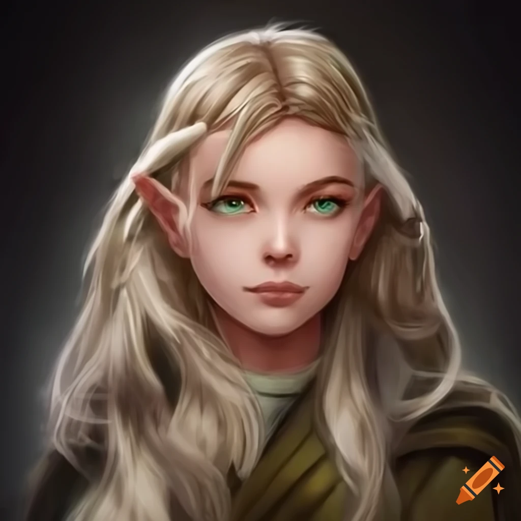 Elf girl with blonde wavy hair, green eyes, cute, beautiful, slim, jedi ...