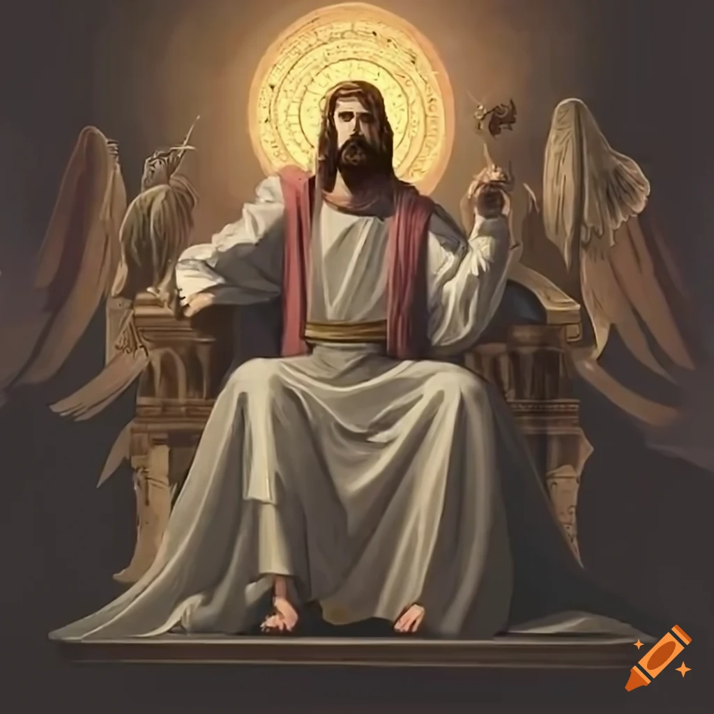 Jesus christ holding a scroll with 7 seals, he stands next to a throne ...