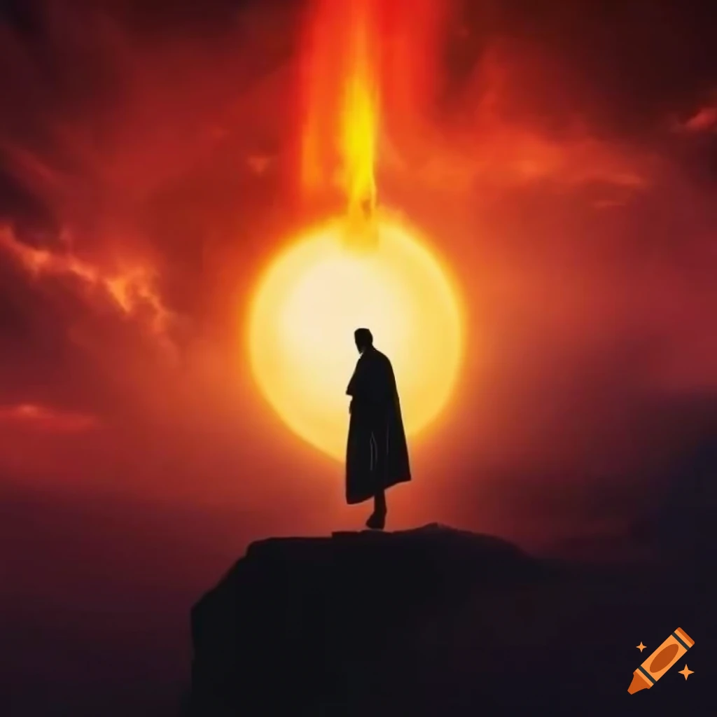 A figure wearing cape standing on cliff in front of fiery background
