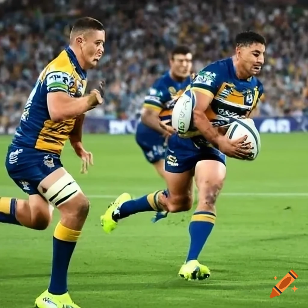 Parramatta eels rugby player catching an nrl ball during a game