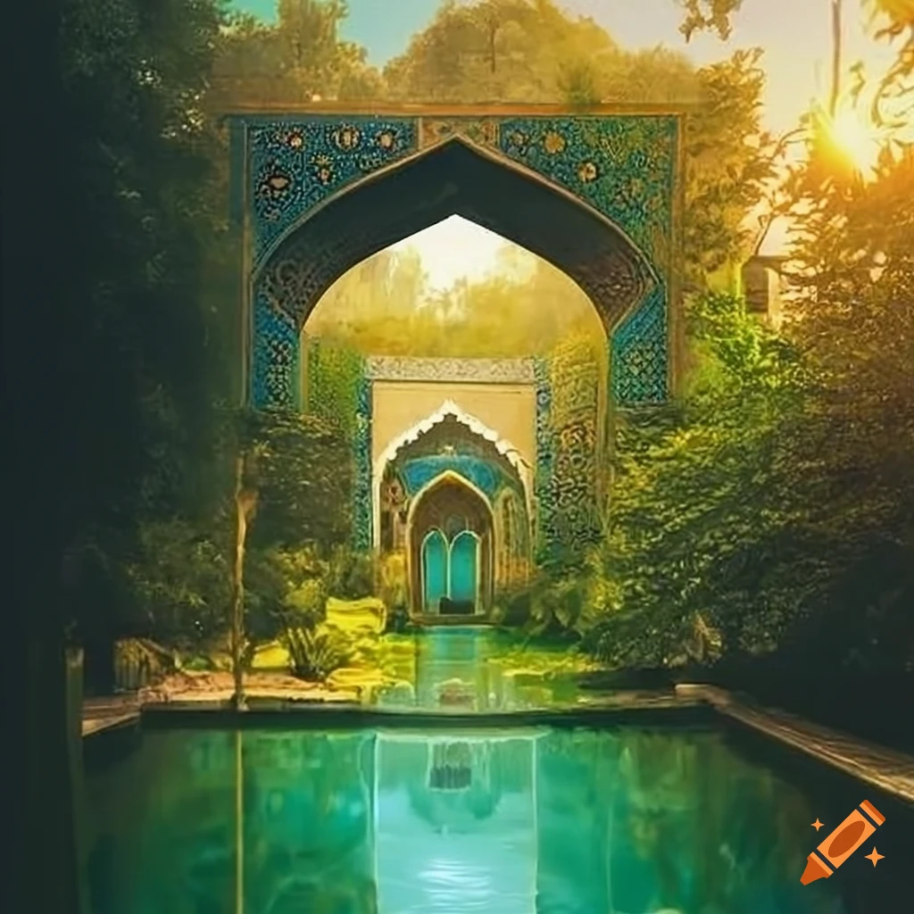 A garden in iran's cold climate in spring with a traditional pool in ...