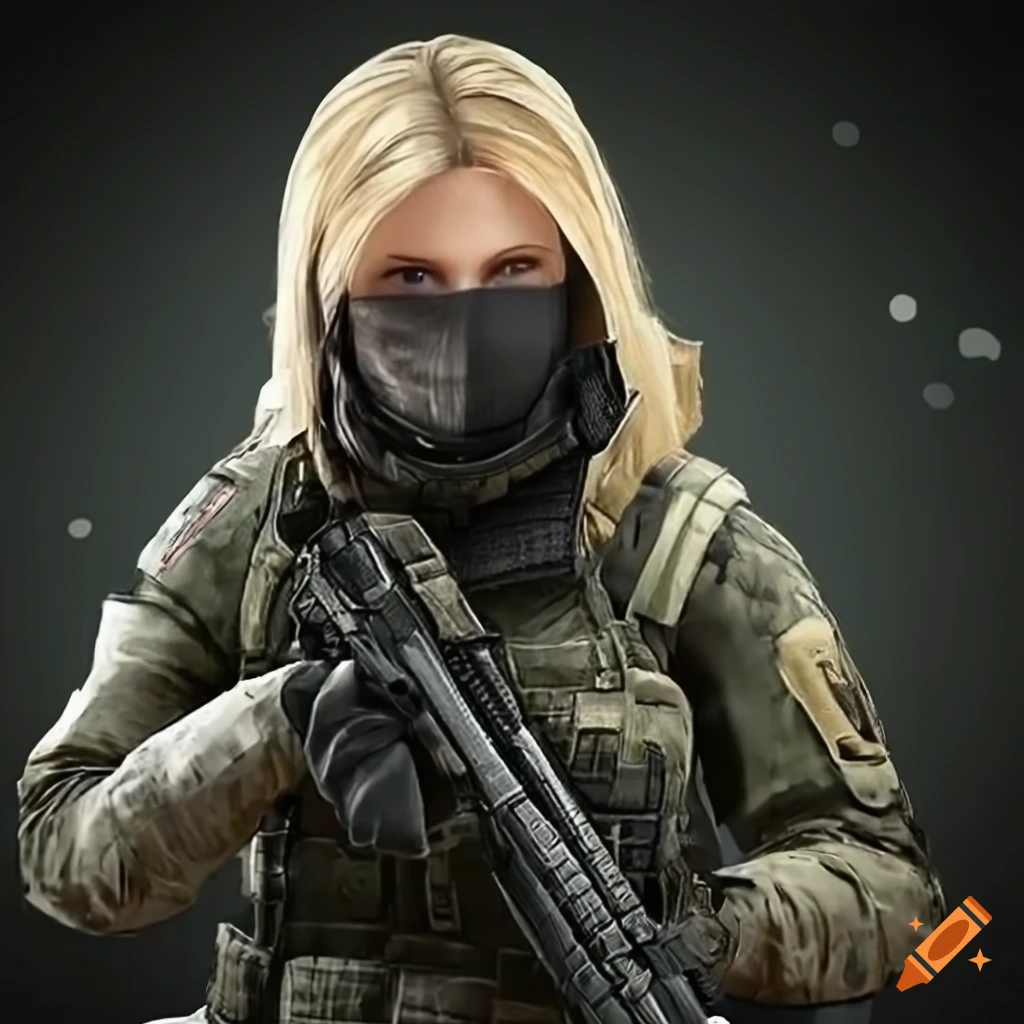 Female call of duty operator, light blonde hair, light blue eyes 