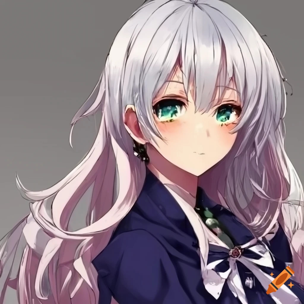 anime girly girl white hair, green eyes. wearing frilly clothes anime-style