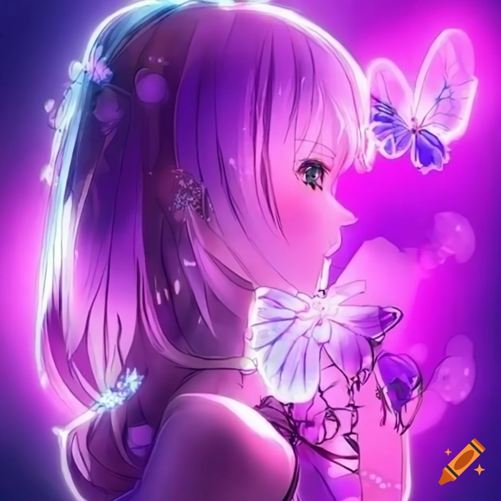 Anime girl holding a neon purple butterfly on Craiyon