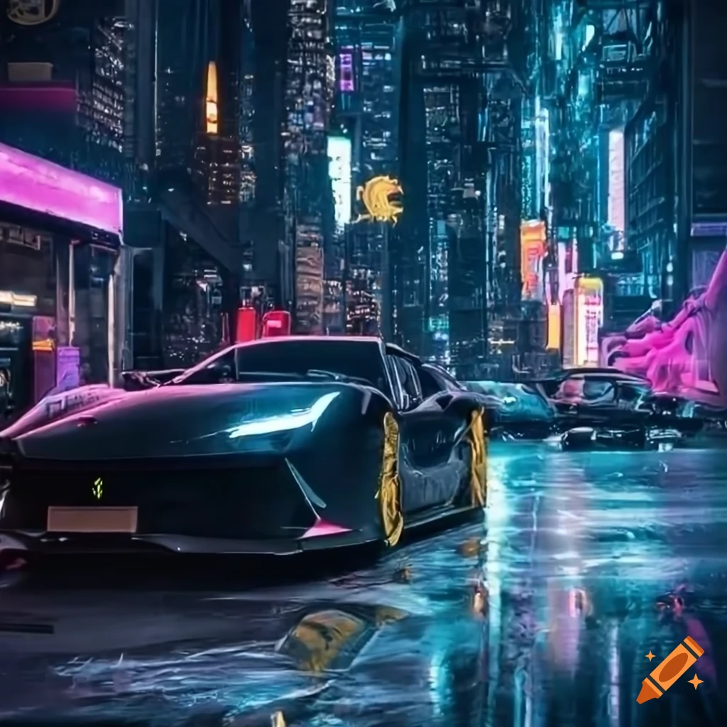 Black ferrari car, in a futuristic city, torrential rain, cyberpunk ...
