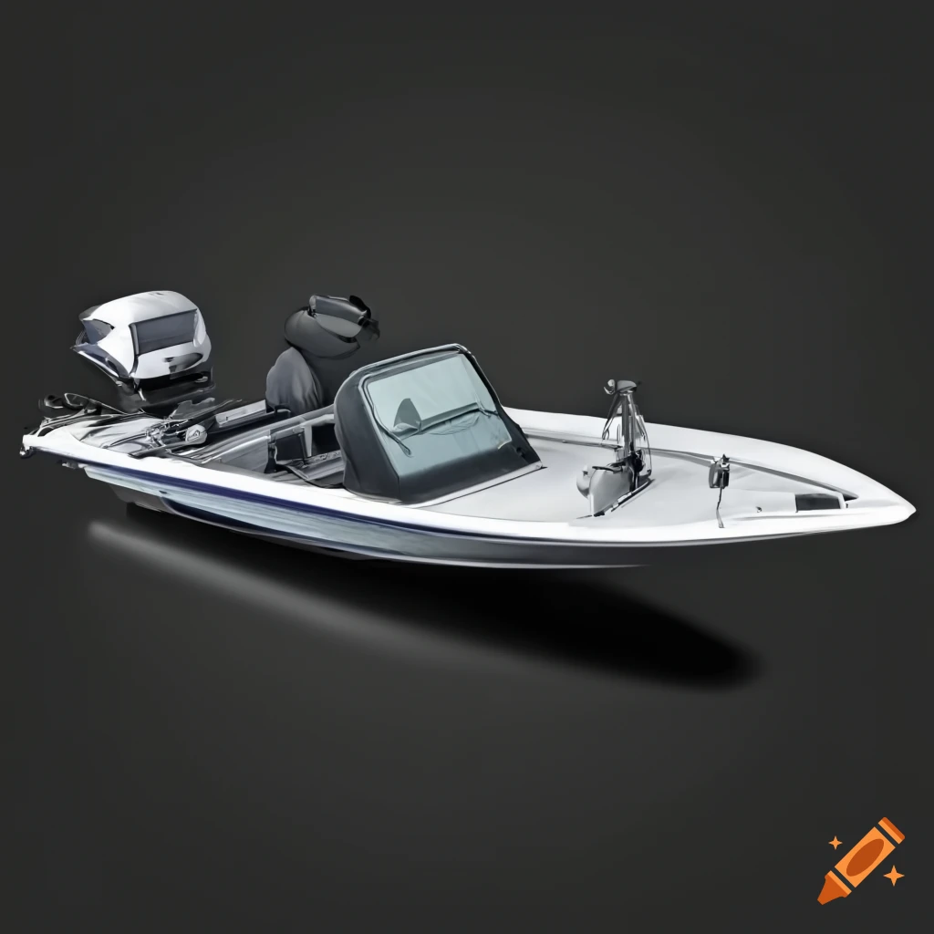 A bassboat with high freeboards and a well designed deck structure for  stowing fishing gear and with a 250hp outboard engine in the back and a  small electric engine on the bow
