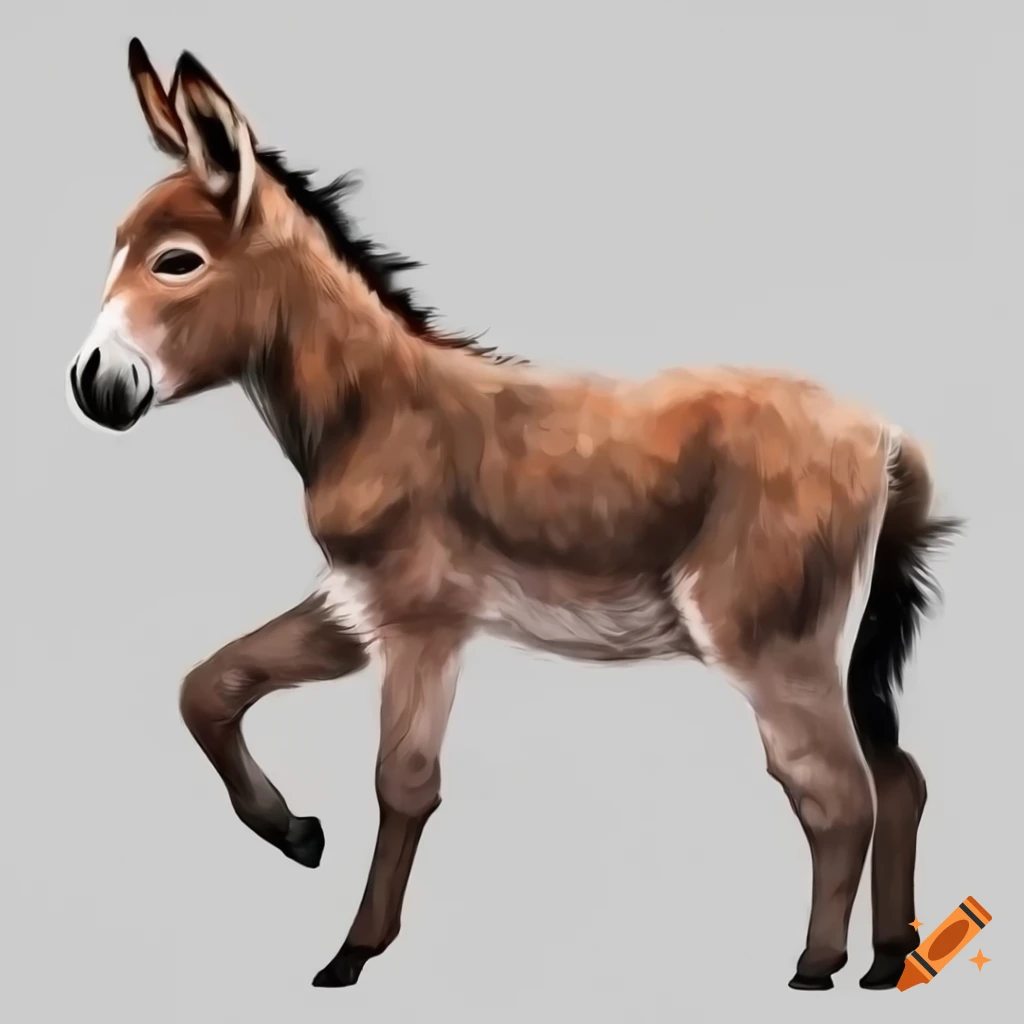 Realistic drawing of donkey foal, side view, full body, digital art, hd