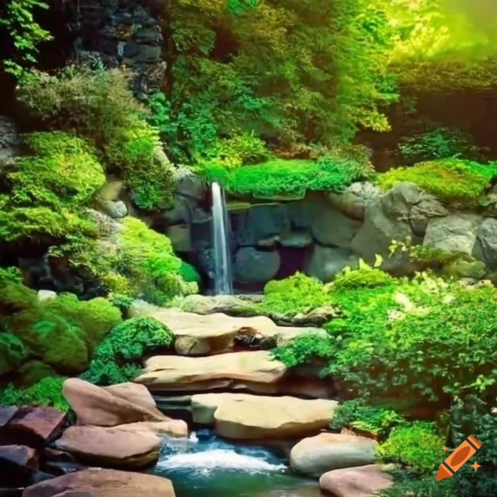 A Serene Garden With A Rocky Water Feature And Spout