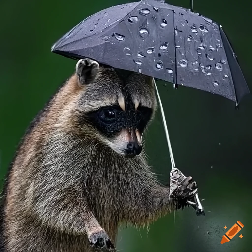 Very sad racoon holding an umbrella under heavy rain on Craiyon