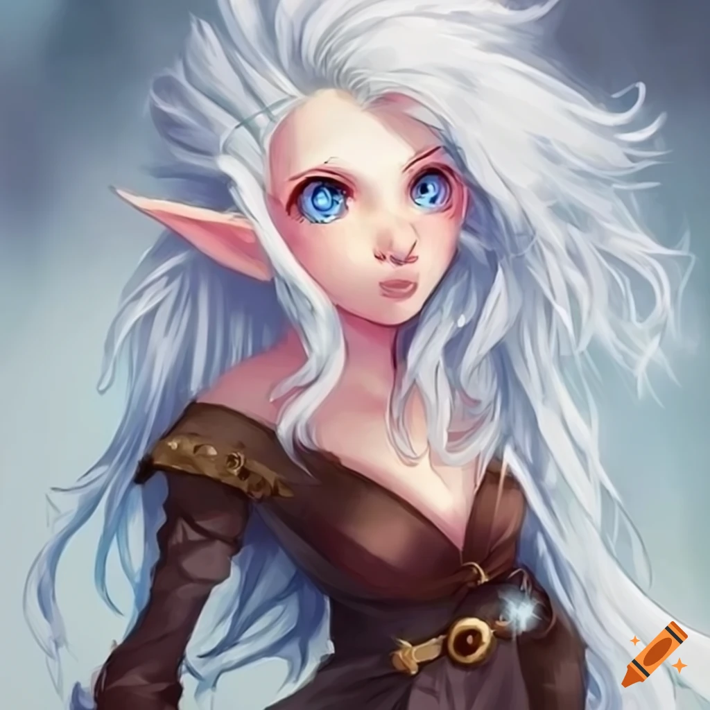 Dnd pretty gnome with white hair, blue eyes and artist dress