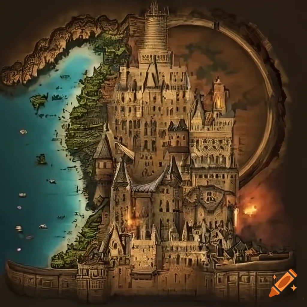 A Fantasy Map Showcasing A Grand Castle And A Winding Wall