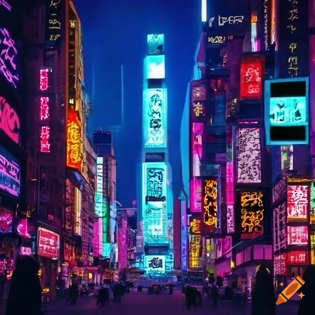 Japanese times square, neon, bustling on Craiyon