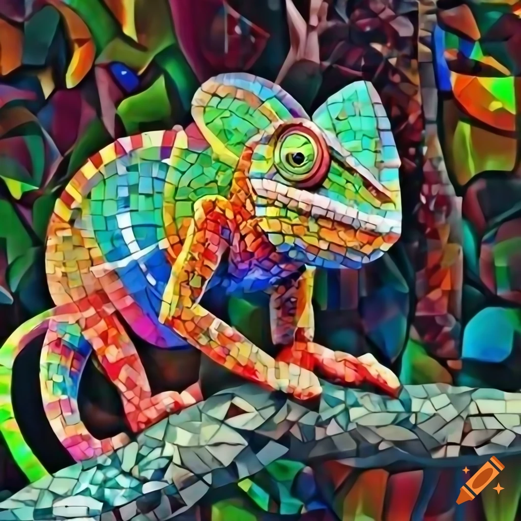 High resolution mosaic modern art geometric colourful chameleon on