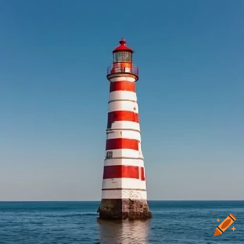 A stunning candy-striped lighthouse standing tall at the shore