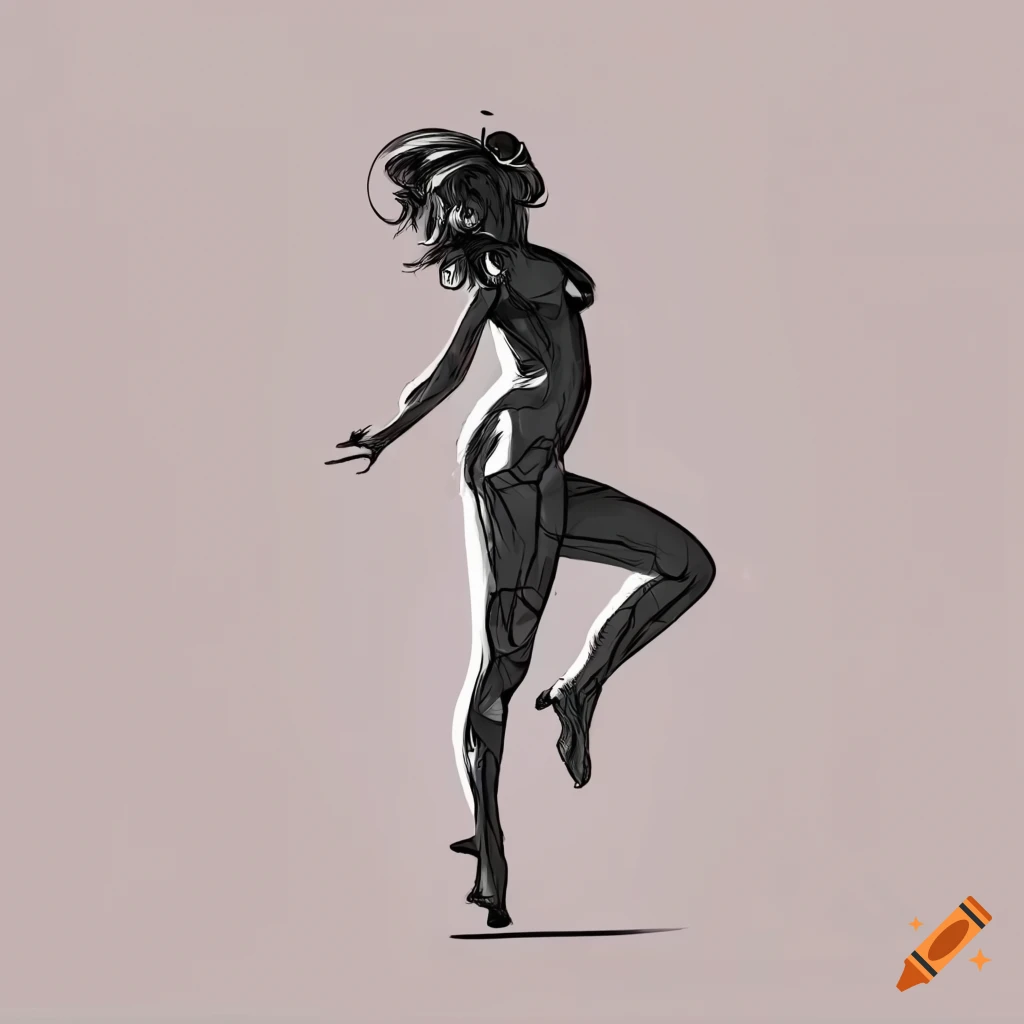 Dynamic female pose stamp, lineart black and white smooth on Craiyon