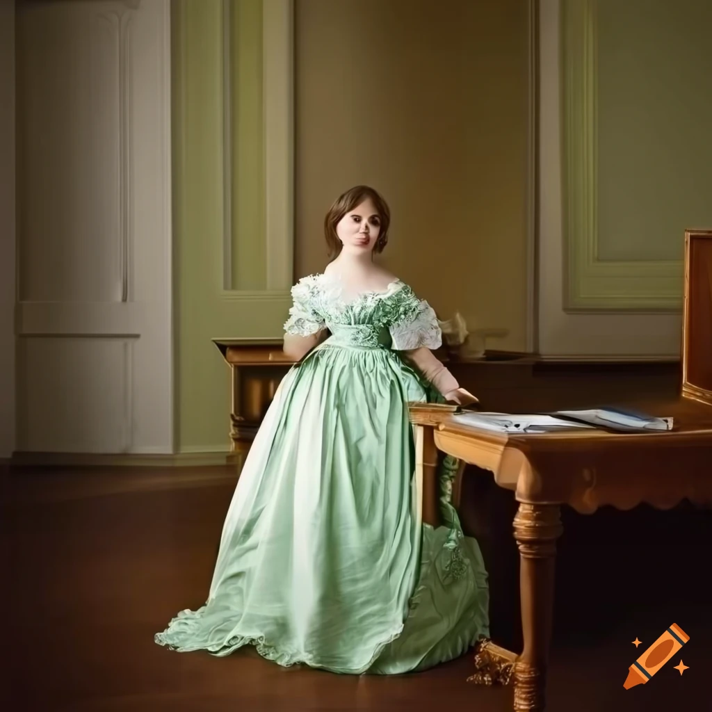 Full body image of a Smiling young female regency debutante with brown hair  wearing a light green dress sitting at a desk and writing a list on Craiyon