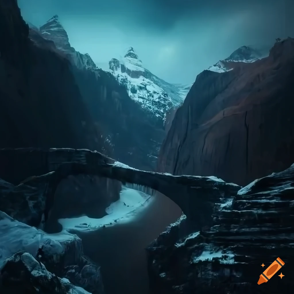 Dark fantasy stone fortress bridge crossing tall canyon in snowy mountains