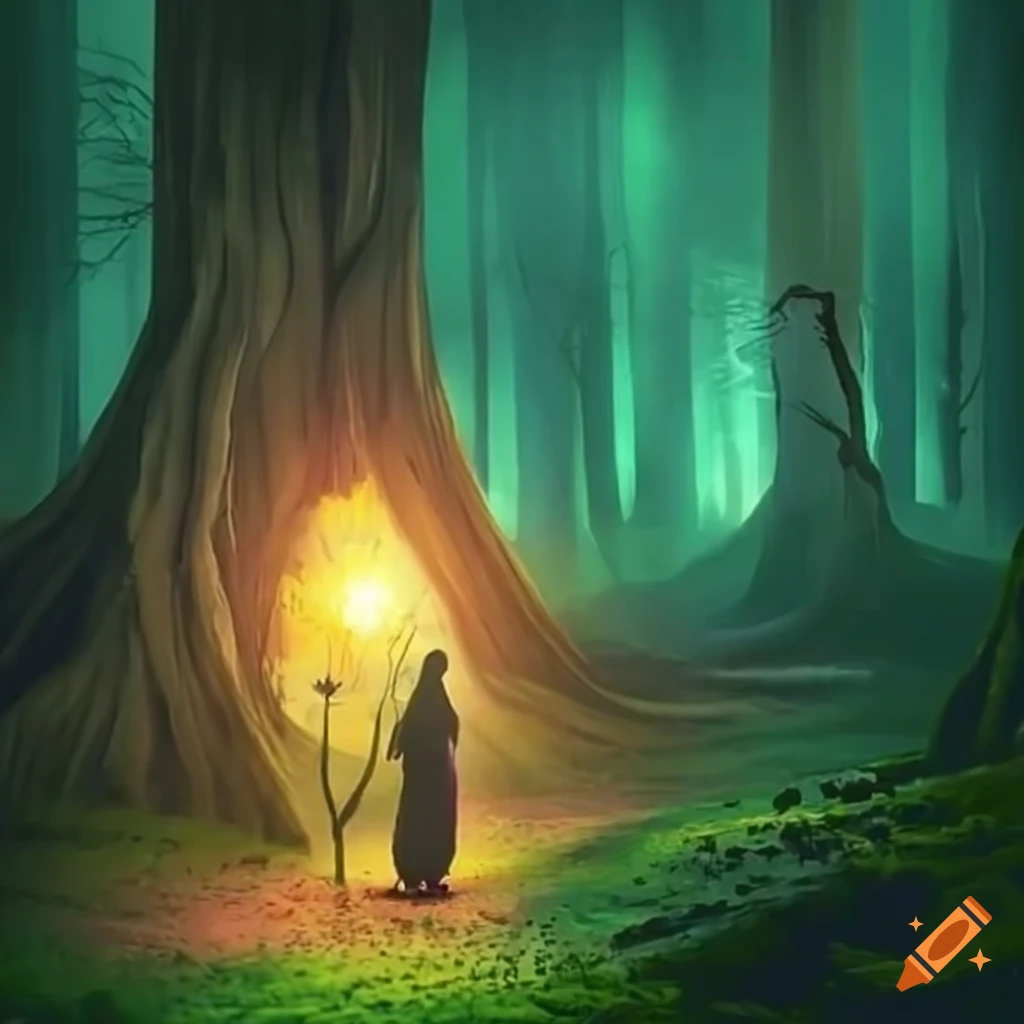 Wizards walking through forest, magical trees, light orbs