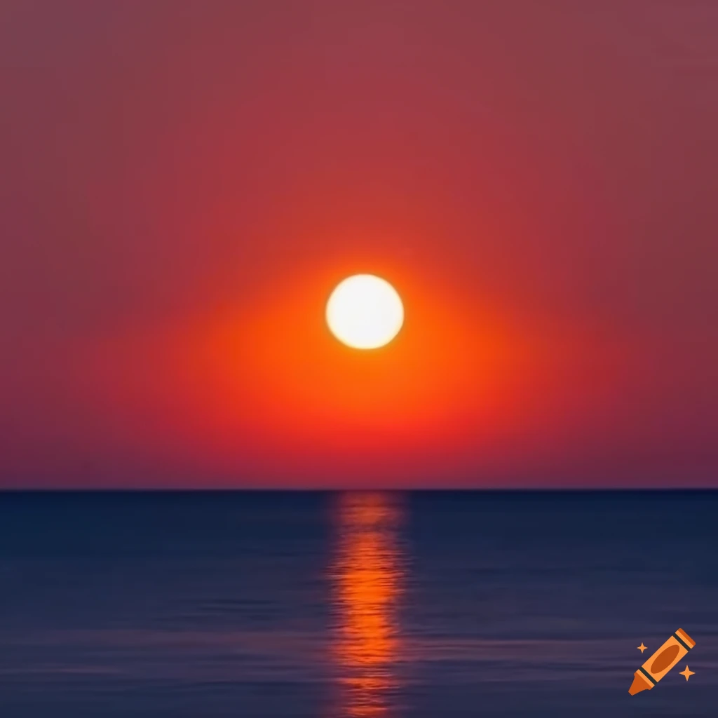 Sunset with a beautiful orange sky over the sea and the moon