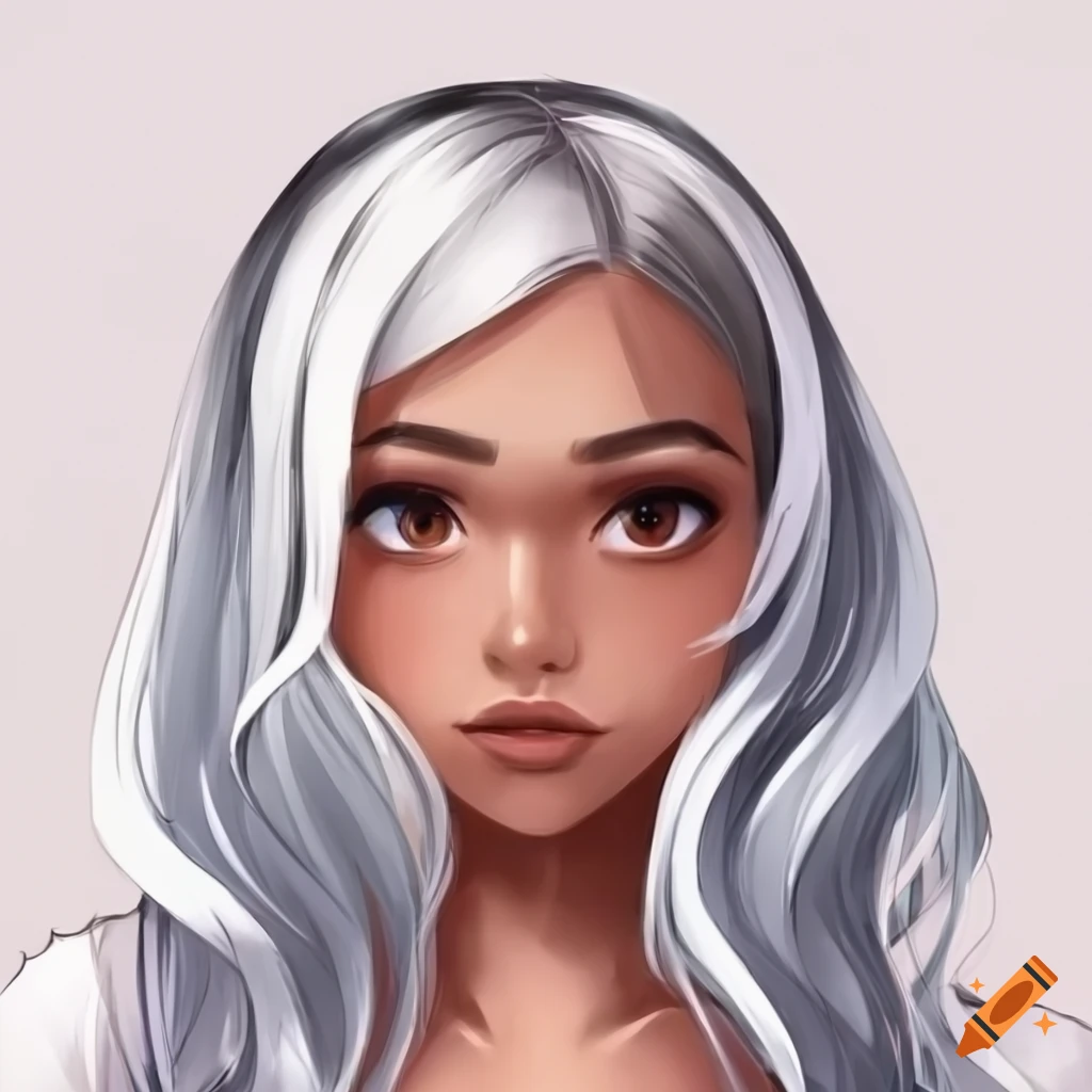 Manwha style, mocha skin girl with wavy long white hair with brown eyes ...