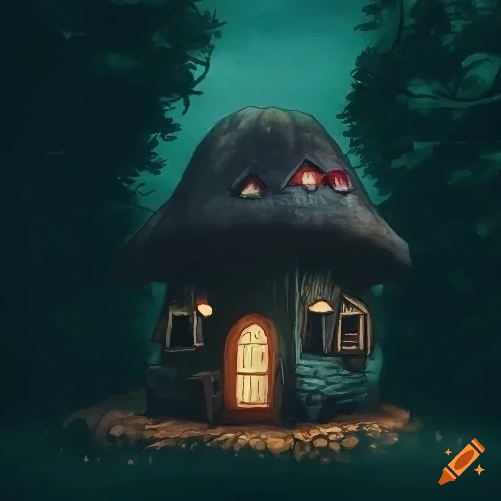 Mushroom house in a forest, dark academia, pastel on Craiyon
