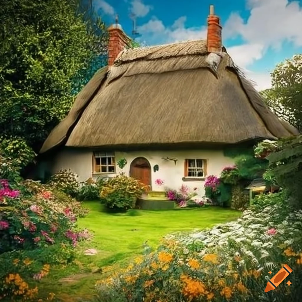 Quaint garden cottage with a thatched roof and blooming flowers