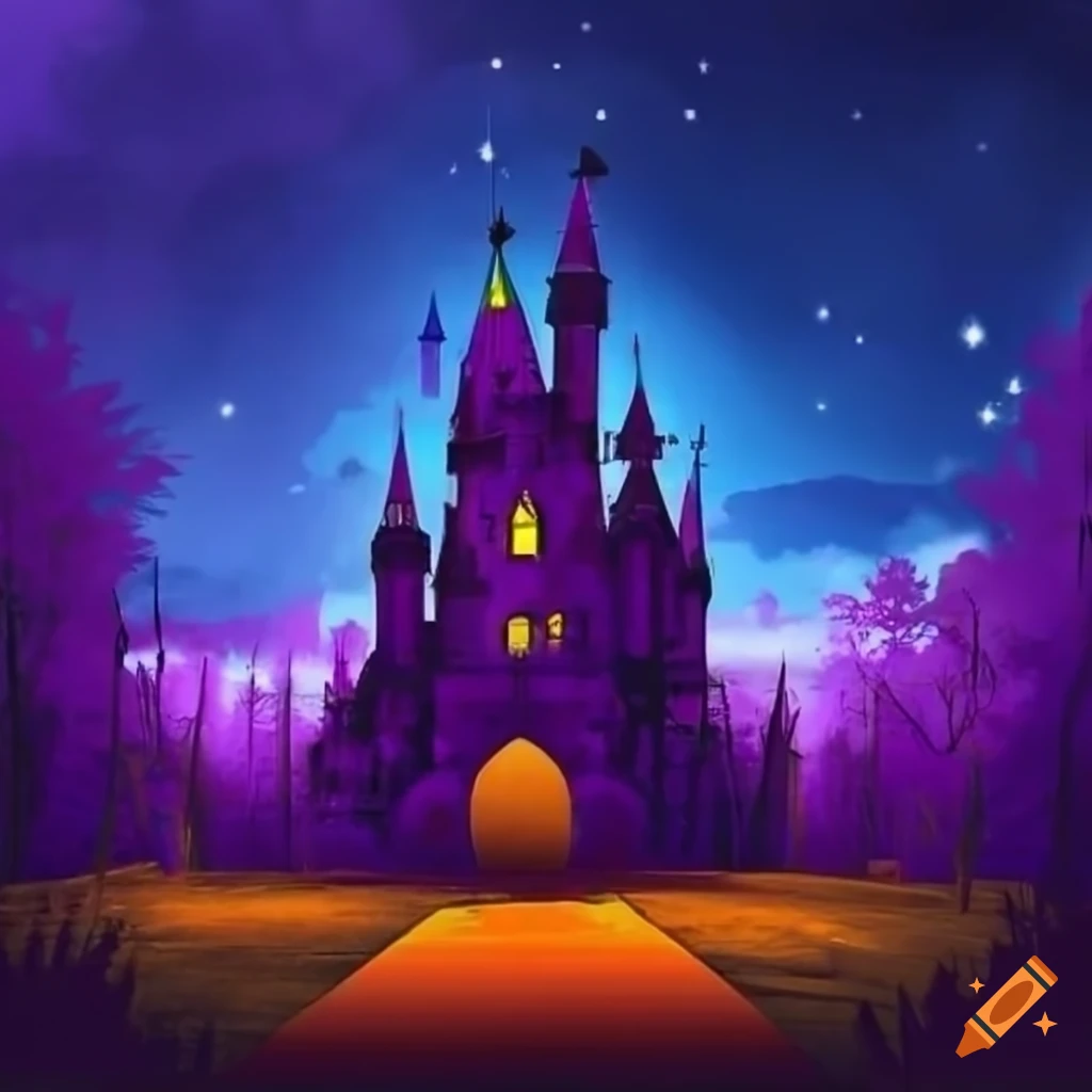 Purple castle surrounded by autumn forest on halloween night on Craiyon