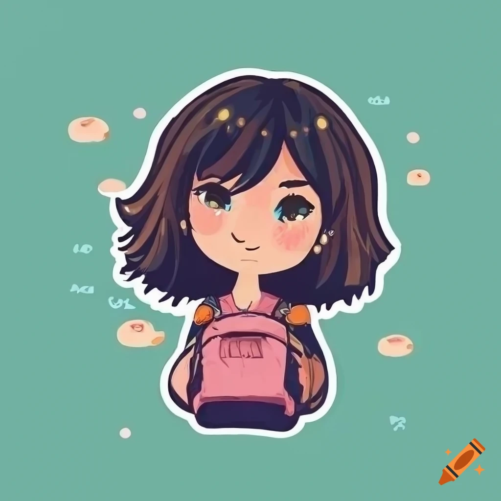 A detailed illustration of adorable cute tan girl🥺😊,black hair, tan skin,  wearing a backpack, style cartoon, colors, two-dimensional, planar vector,  character design, t-shirt design, stickers, colorful splashes, and t-shirt  design, studio ghibli
