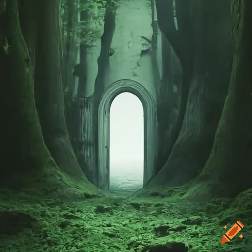 Mysterious open door in middle of forest, view through door shows cliffs and ocean on Craiyon