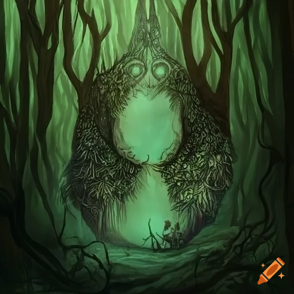 A mystical forest guardian with runes, drawn in pen on Craiyon