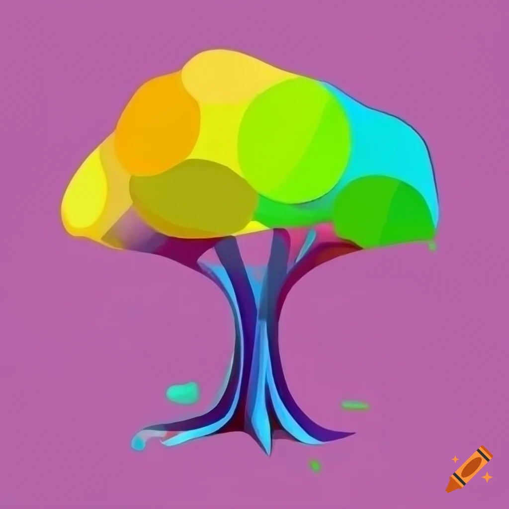 Cubism art of cartoon tree including bright colors green yellow pink ...