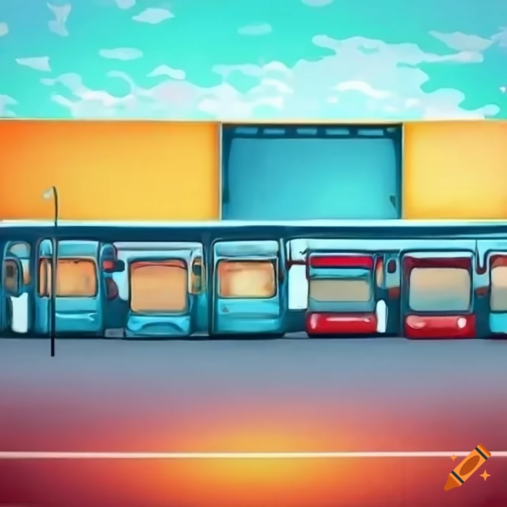 An empty bus depot with multiple buses parked