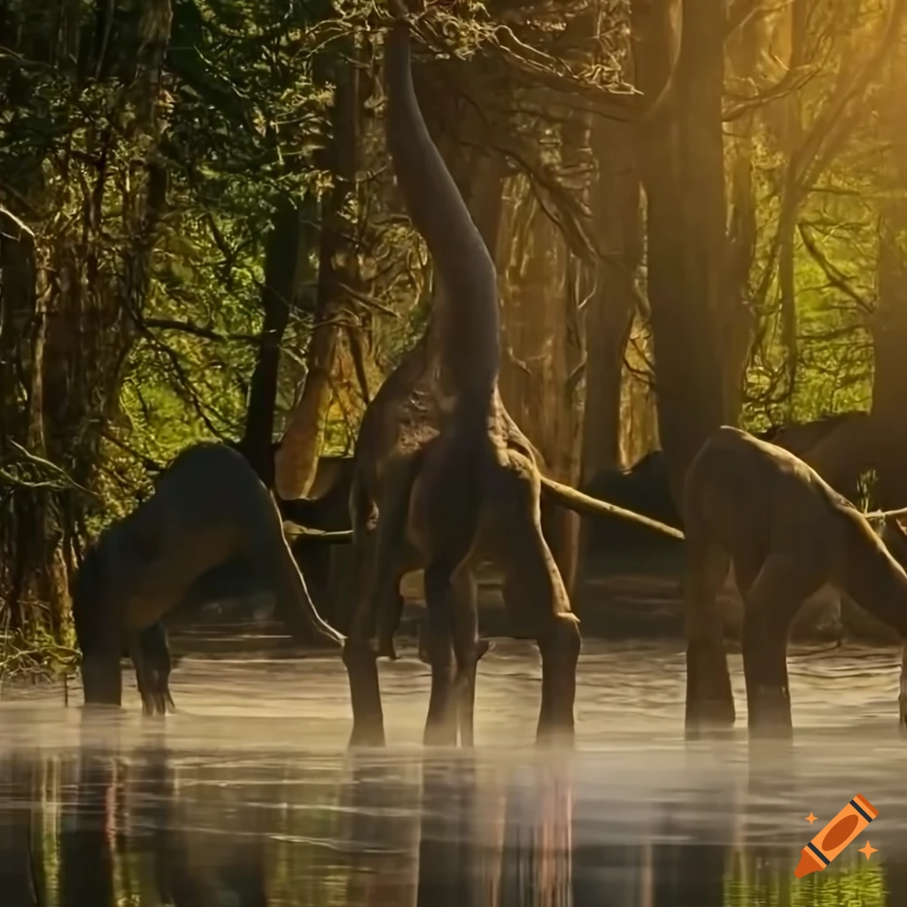 Three young dinosaurs run from a large herbivore in a forest clearing with  a pond with some faleln branches, backlit in the morning against a gloomy  bushland background