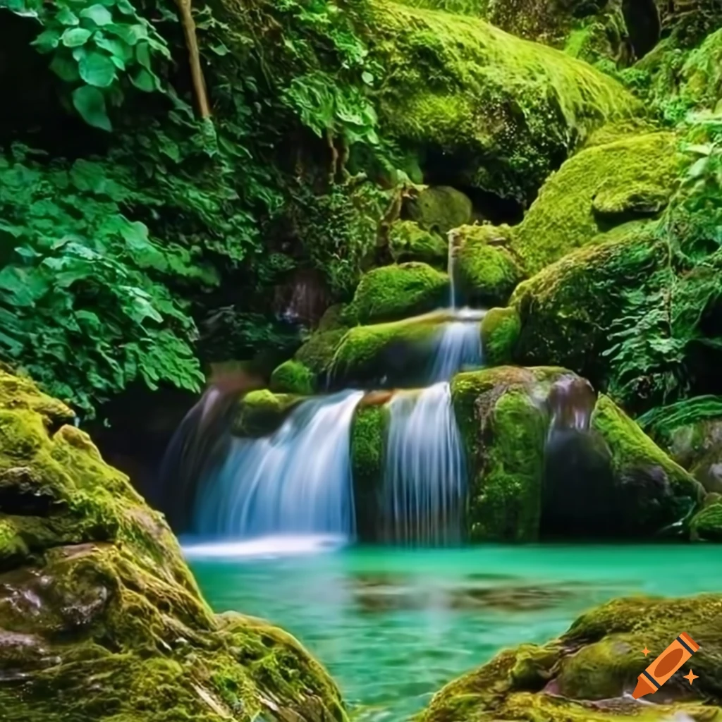 A majestic waterfall cascading down moss-covered rocks into a crystal ...