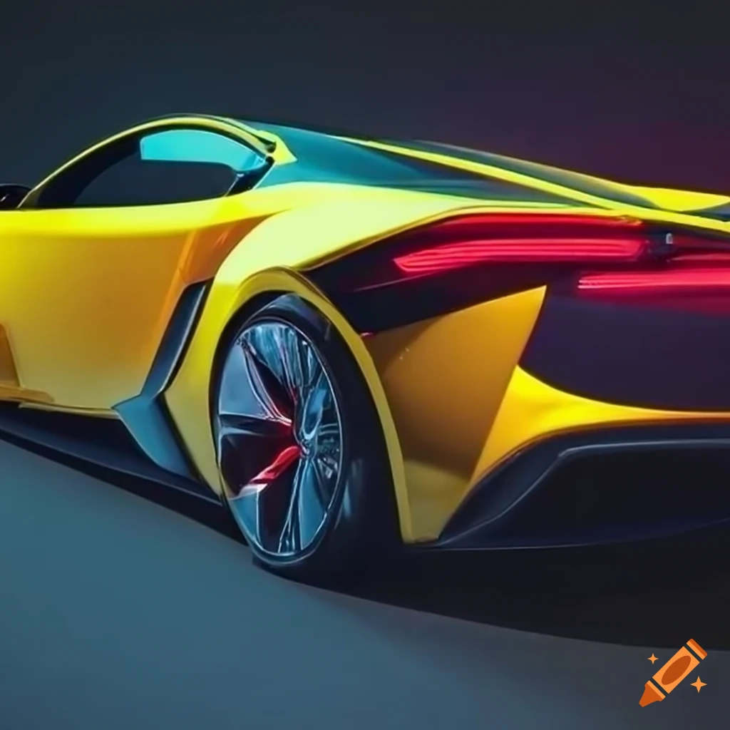 Hyper real shiny and reflective yellow sports car with red tail lights ...
