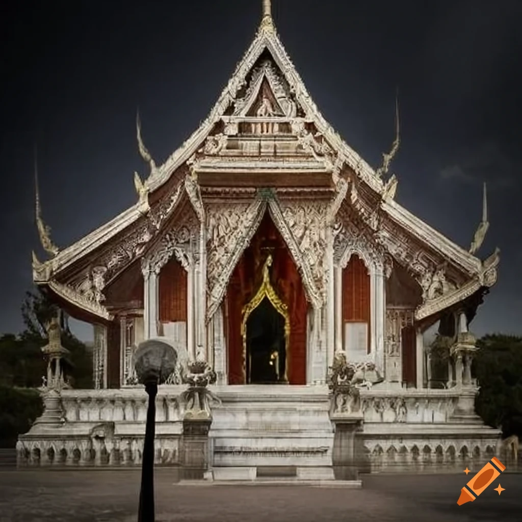 Wat style worship building atop an isolated mountaintop on Craiyon