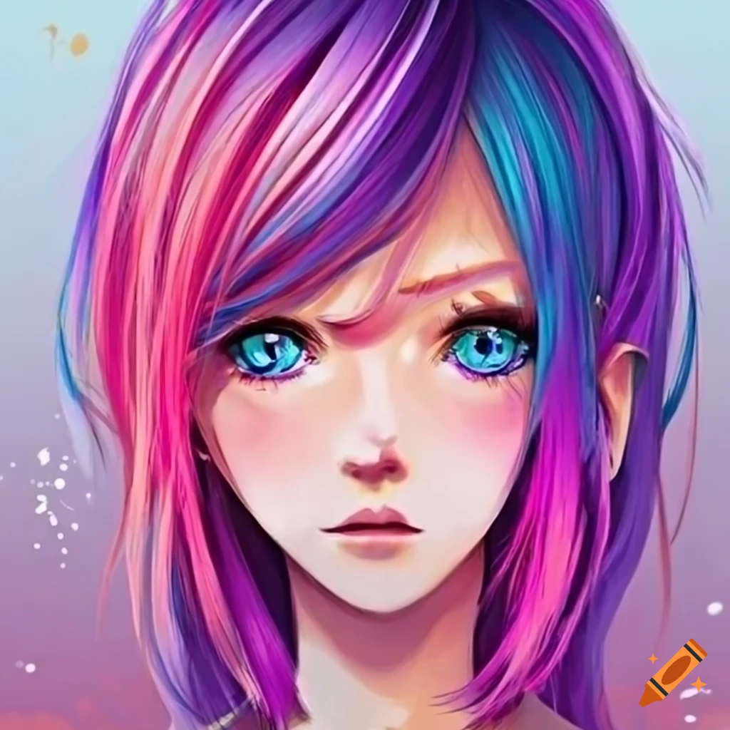 Girl with pink purple hair, blue and orange eyes