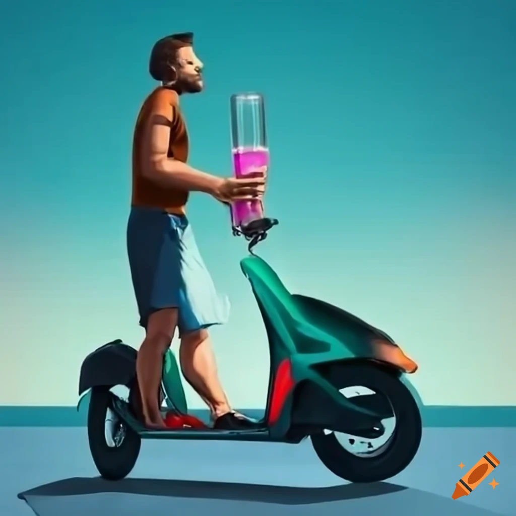 A man rides a scooter with a smoothie in his hands