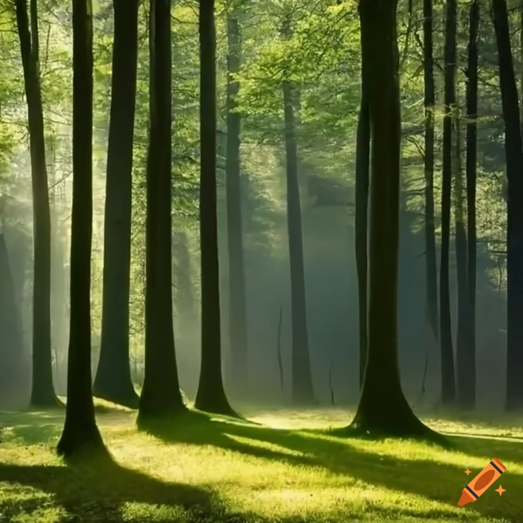A serene forest with sunlight filtering through the trees