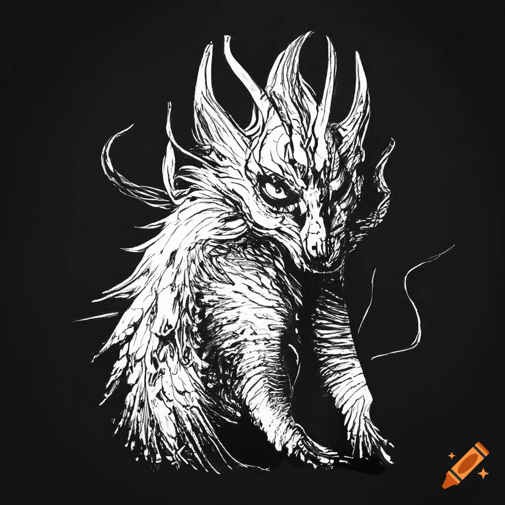 Mythical creature, drawing, ink, sketch, black and white, minimalistic ...