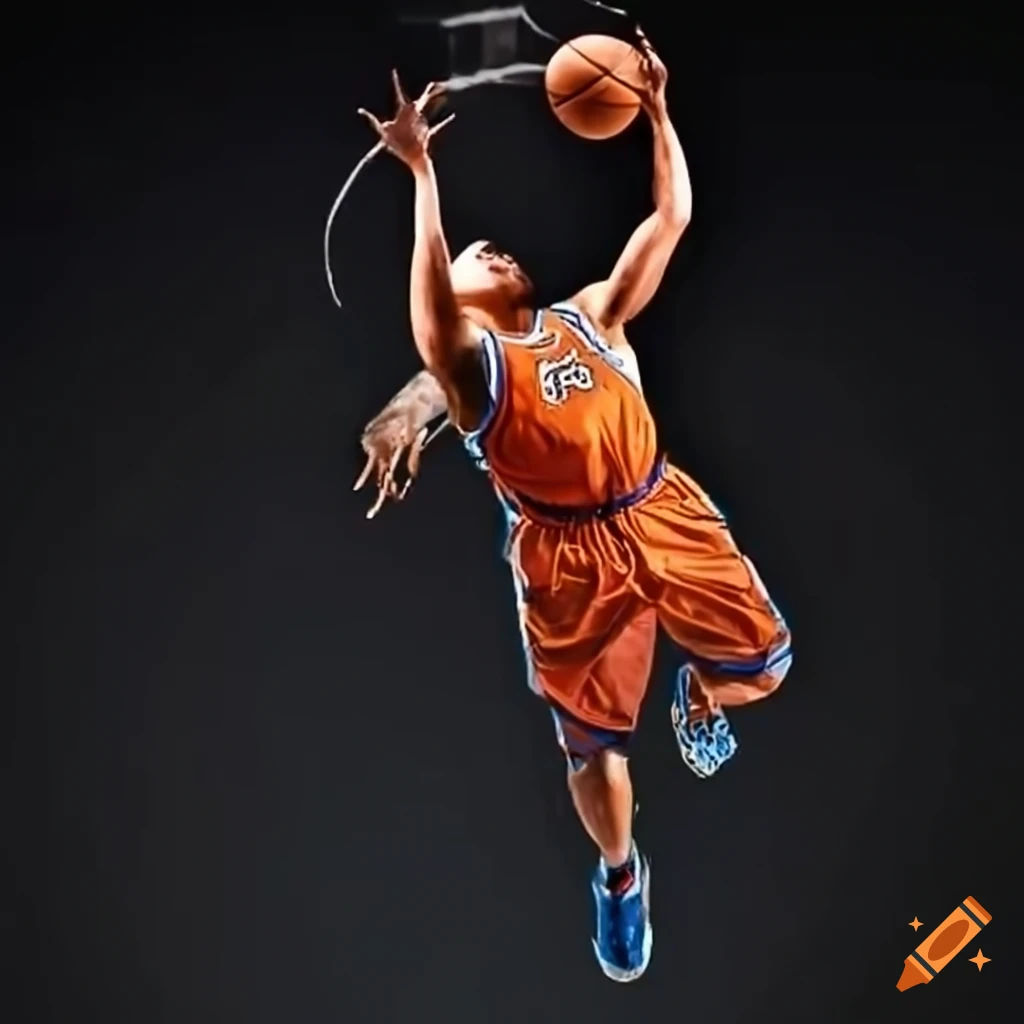 Artistic representation of a basketball dunk in multiple stages on Craiyon