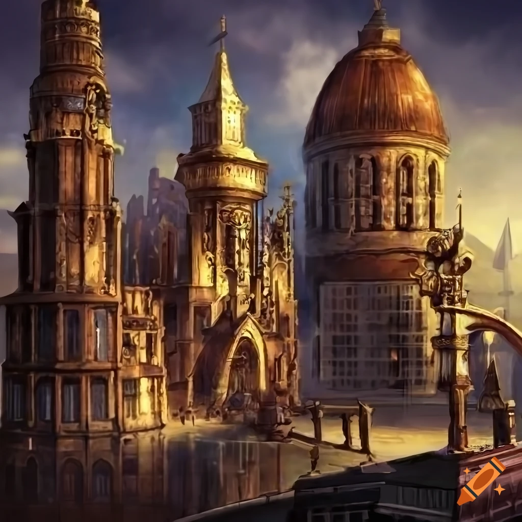 Detailed steampunk city forum on Craiyon
