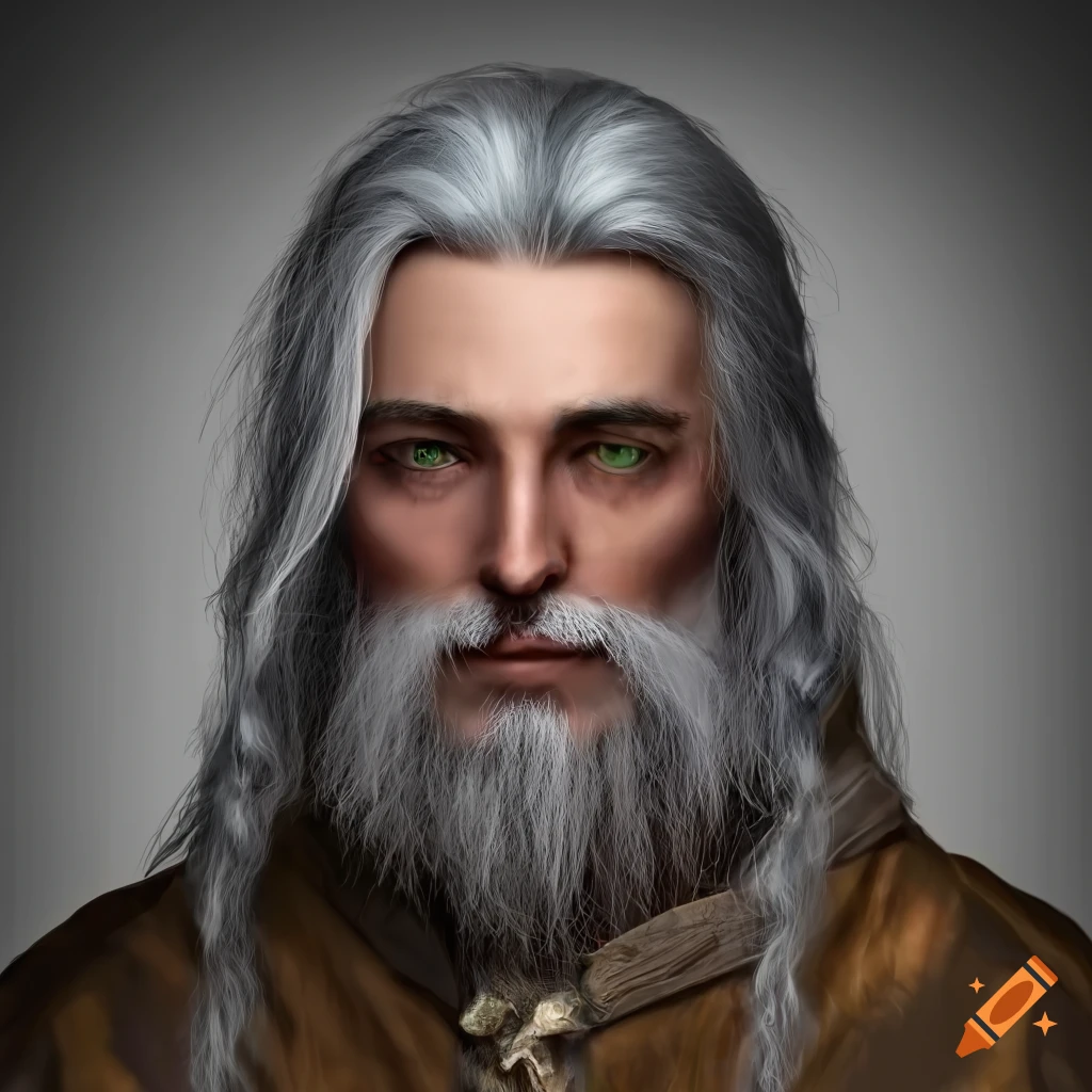 Middle aged human male with long white hair and beard dressed as a ...