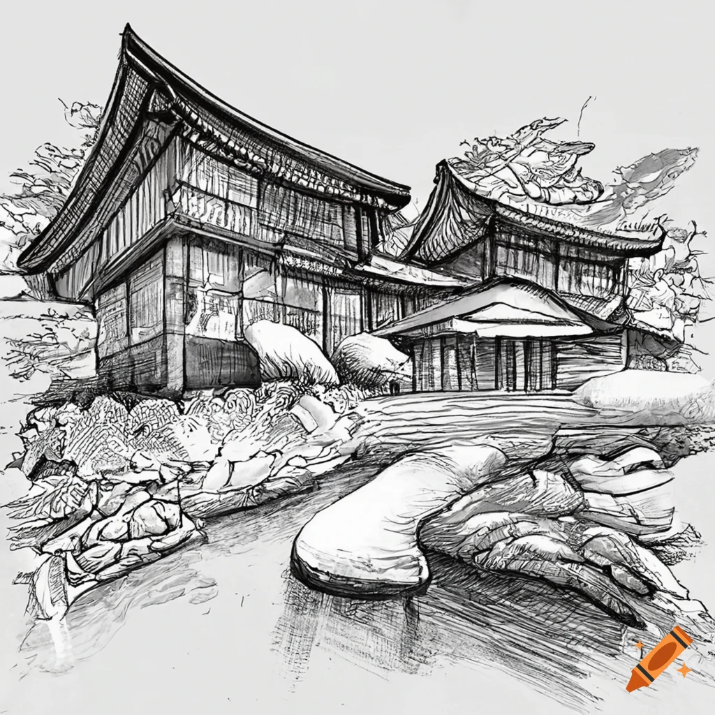 Black and white sketch of japanese style hotspring resort on Craiyon