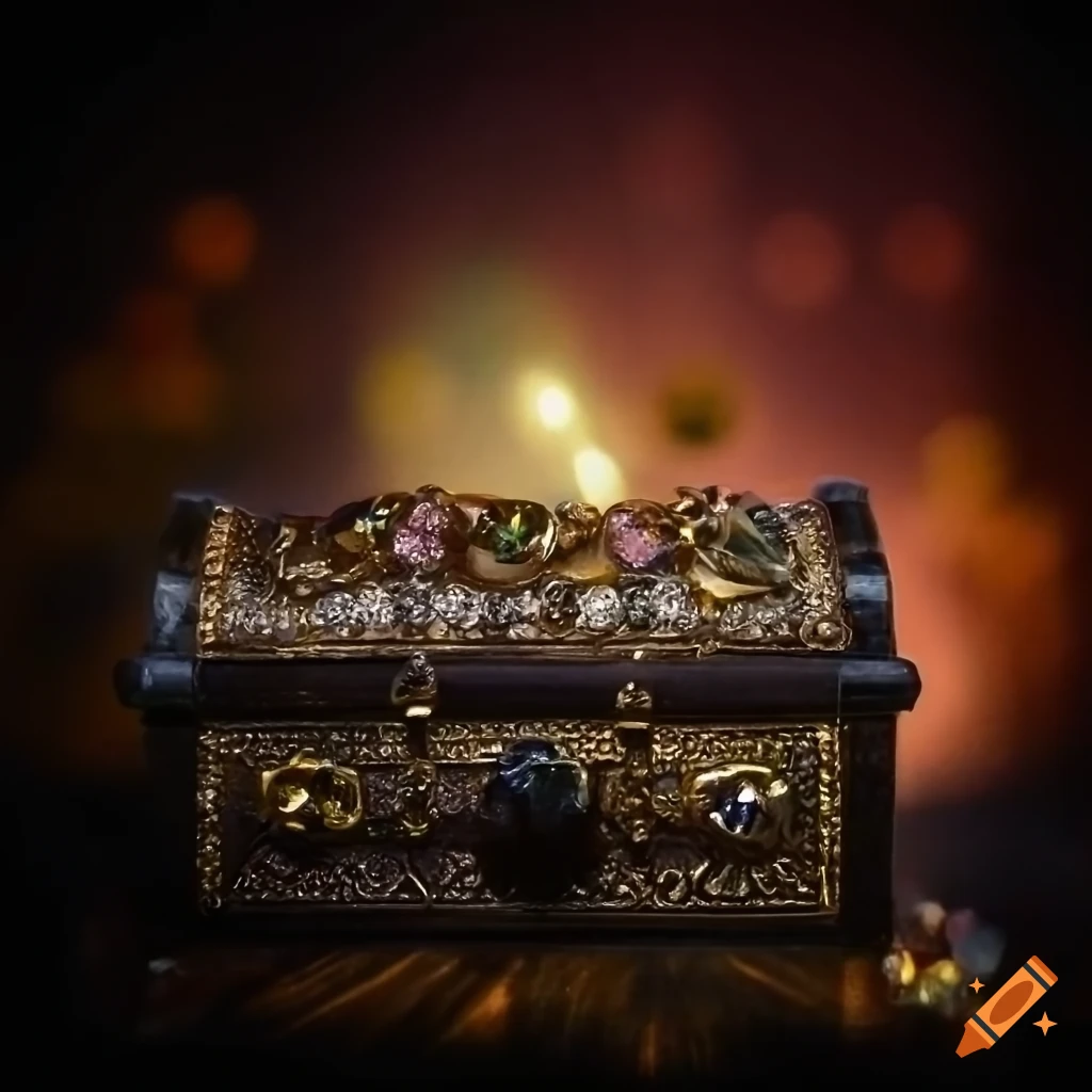 Treasure chest filled with silver, gold, gems, brooches, bracelets and  rings on Craiyon