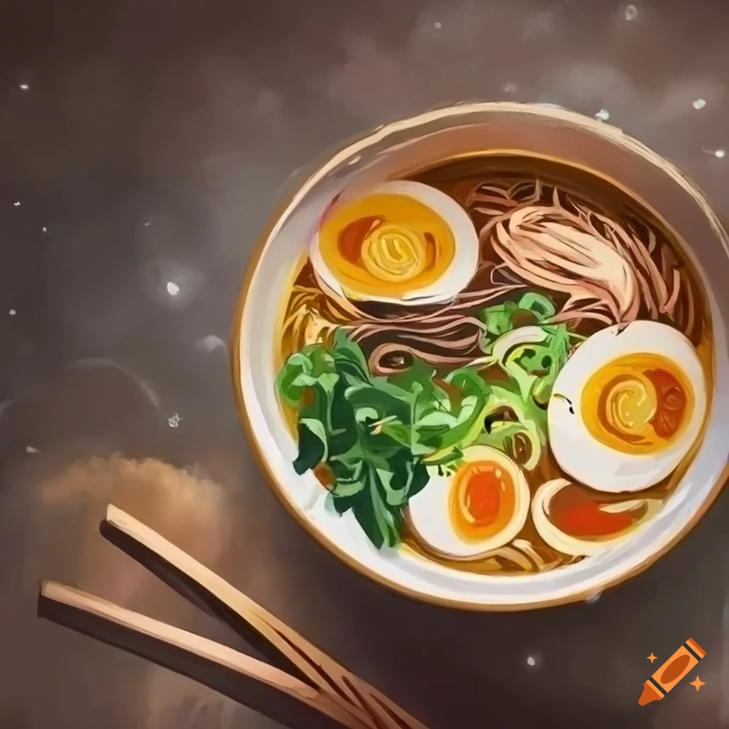 Vecteur Stock Top view pork ramen with boiled egg and seaweed. Isolated  bowl of pork ramen and chopsticks on bamboo plate mat with white  background. Close up drawing vector illustration. Anime asian