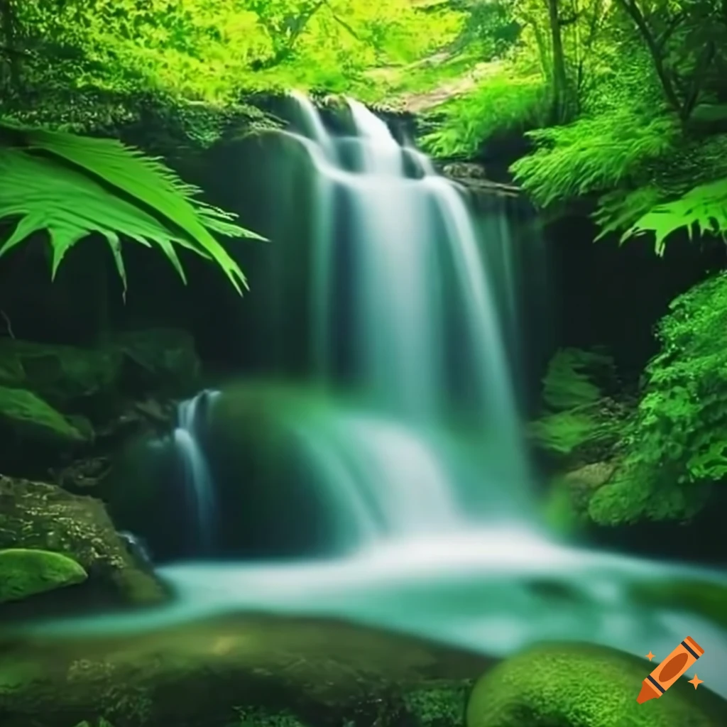 A serene waterfall flowing through lush greenery on Craiyon